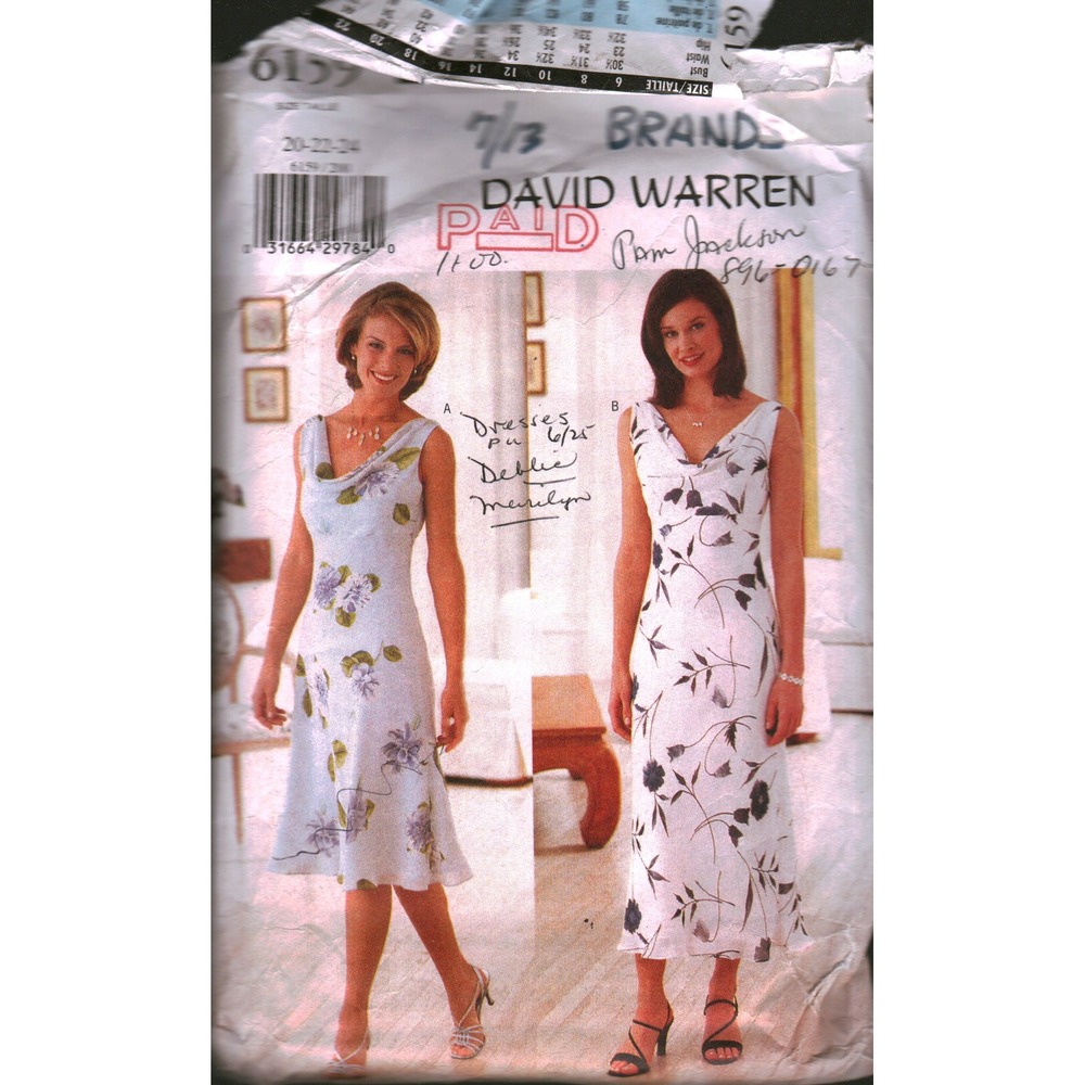 Butterick 6159 David Warren Misses Petite Dress Sewing Pattern Size 20-24 Cowl